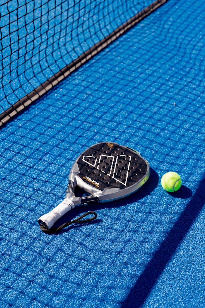 about-us-01 Padel racket and ball resting on a vibrant blue court, next to a net, under bright daylight.